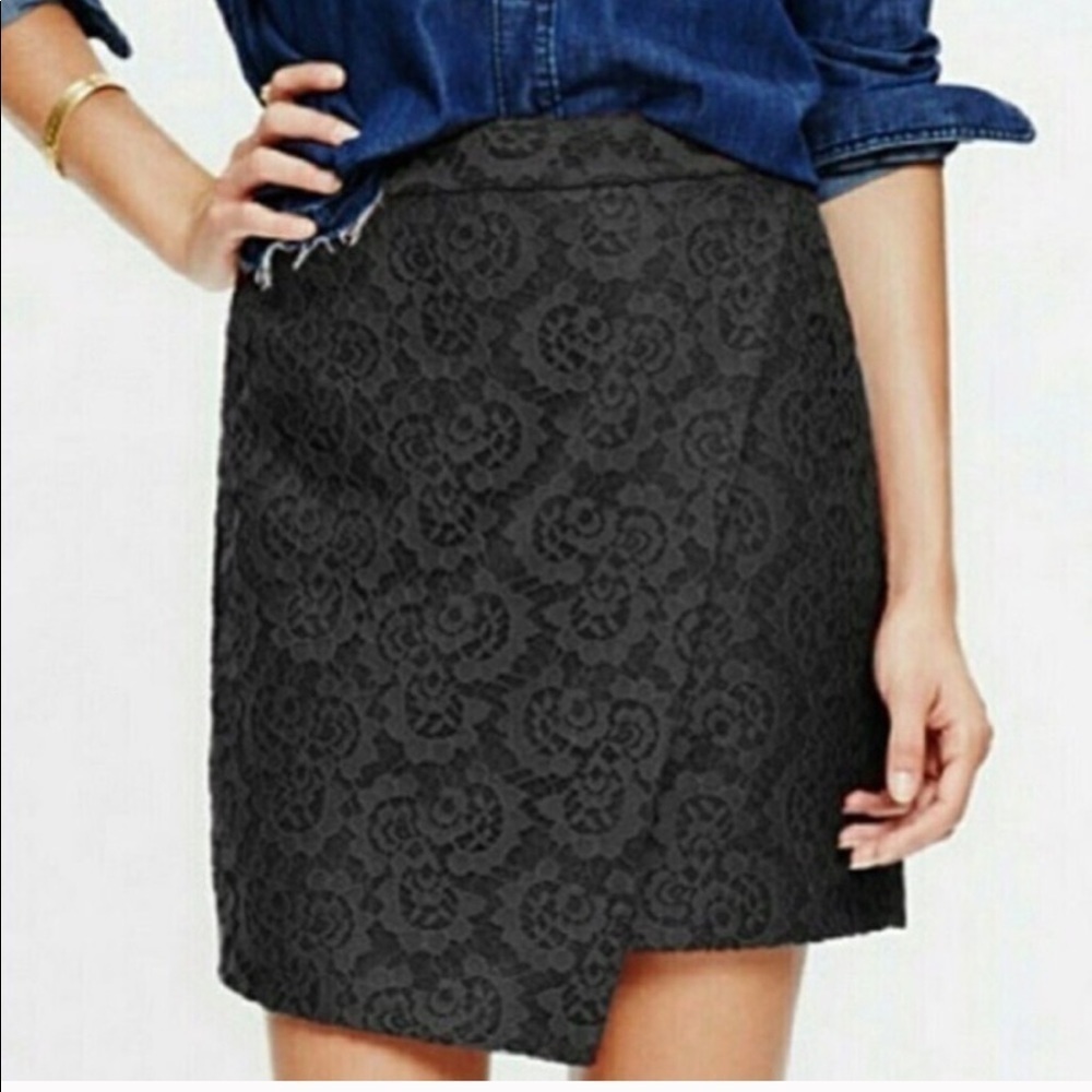 Madewell Black Lace Asymmetrical Split Skirt Faux Wrap Mini